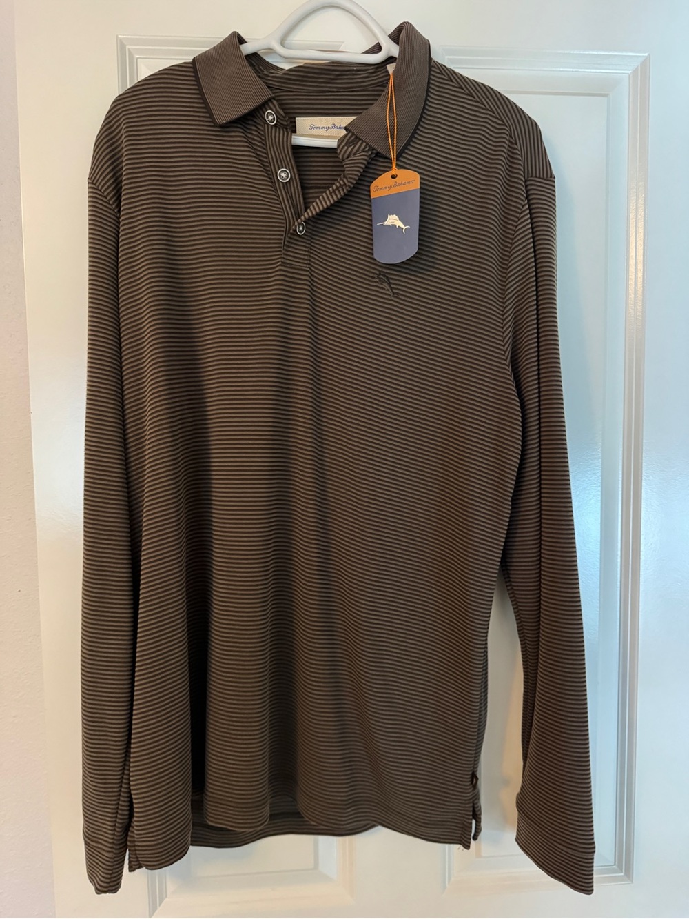 Tommy Bahama Long Sleeve Polo – Brown with Black Micro-Stripe